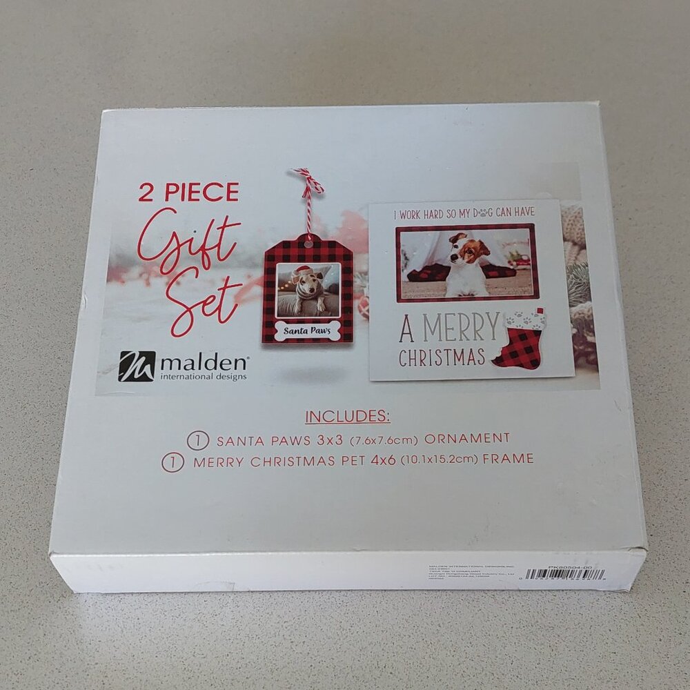 New in Box Malden 2-Piece Holiday Dog Themed Photo Frame & Ornament